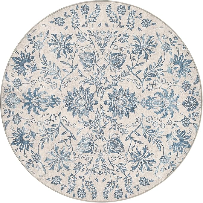 jinchan Torino Classic Floral Round Rug 6ft, Vintage-Inspired Design 6’Circle Rug, Machine Washable Ultra-Thin Low-Pile Non-Slip Indoor Carpet for Bedroom Dining Room Living Room Entryway, Dark Blue