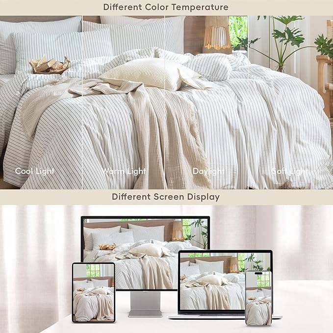 MooMee Striped Duvet Cover Set 100% Washed Cotton Linen Like Textured Breathable Durable Soft Comfy (White Heathered Green Wide Stripes, Oversized King Plus 128"x120")