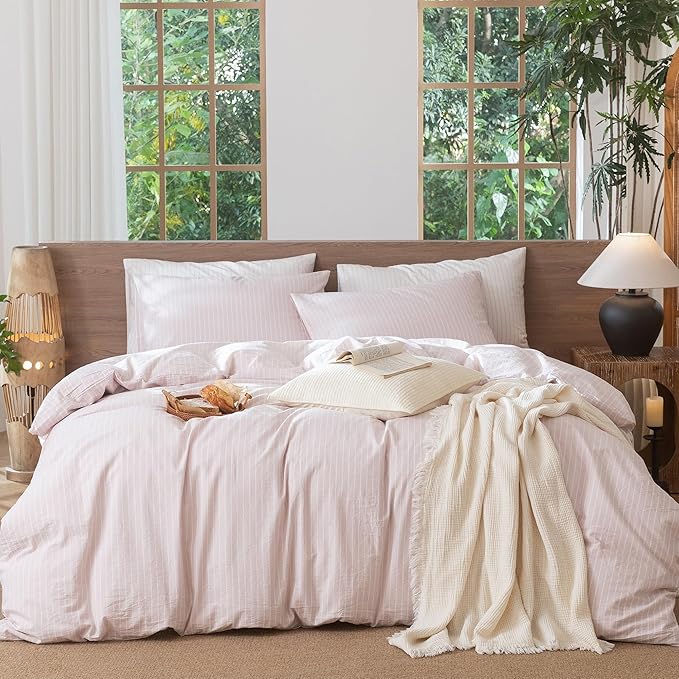 MooMee Striped Duvet Cover Set 100% Washed Cotton Linen Like Textured Breathable Durable Soft Comfy (Heathered Greyish Pink White Wide Stripes, Cal King 104"x98")