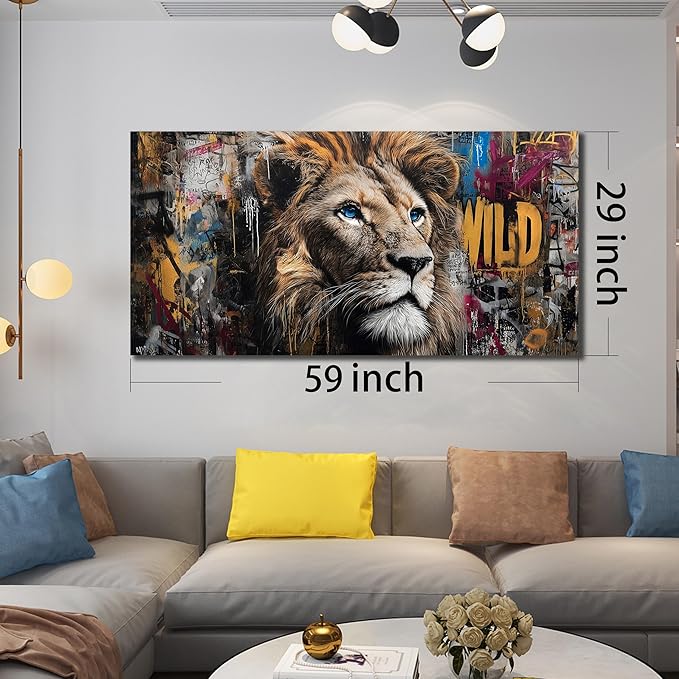 JuhaiArt Brown Wall Art Lion Artwork Graffiti Wall Decor Animal Canvas Art for Living Room Bedroom Home Office Prints Colorful Large Picture 29" x 59"