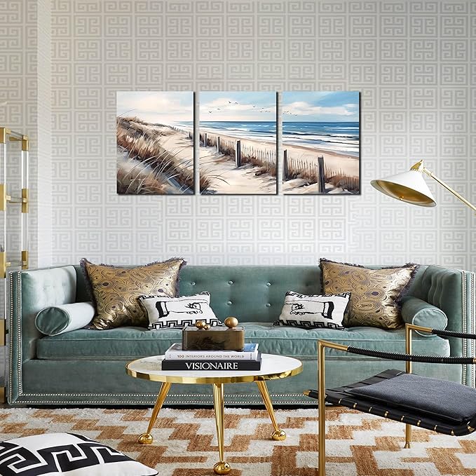 Blue Beach Canvas Wall Art for Living Room Bedroom Bathroom Nature Landscape Pictures Modern Wall Artwork 3 Pieces Coastal Wall Art Framed Canvas Prints 12x16 Inch