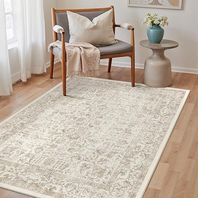 Light Brown Area Rug 3x5 Office Entryway Rug Machine Washable Kitchen Vintage Distressed Non Slip Carpet Indoor Retro Floral Accent Throw Door Mat for Bathroom Bedroom Dining Living Room