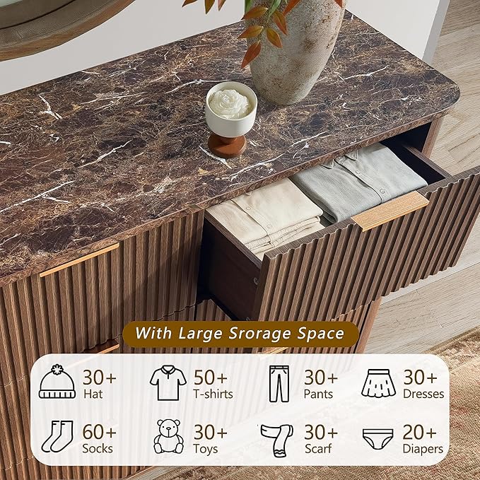 win2win 6 Drawer Dresser, Mid Century Modern Dresser with Storage, 47" Wide Fluted Chest of Drawers with Faux Marble Top, Dressers TV Stand, Drawers Organizer for Bedroom, Living Room, Hallway, Walnut