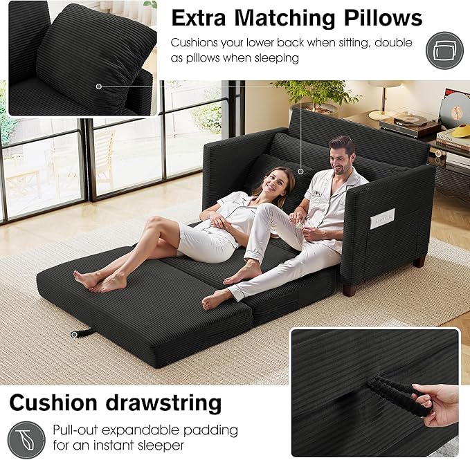 51" Loveseat Sleeper Sofa Bed, Corduroy Convertible Floor Sofa Bed for Small Spaces, Folding Couch Bed with Deep Seat, 2 Pillows & Solid Frame, Pull Out Floor Couch for Living Room, Black