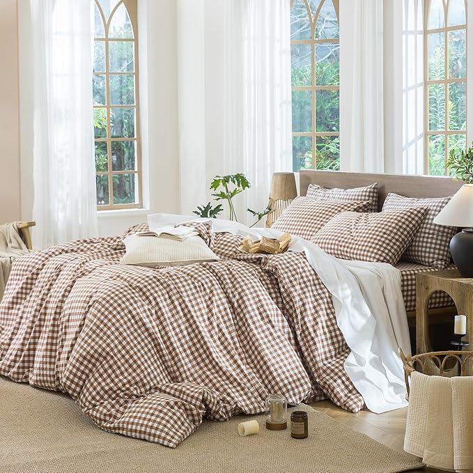 MooMee Gingham Duvet Cover Set 100% Washed Cotton Linen Like Textured Breathable Durable Soft Comfy Modern Checkered Design (Dark Orange Gingham, Oversized Queen 98"x98")