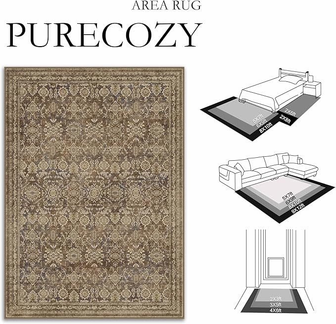 5x7 Vintage Area Rug Brown Washable Living Room Large Non Slip Carpet Bedroom Indoor Office Low Pile Traditional Distressed Retro Floral Accent Rug for Dining Room Bathroom Kitchen