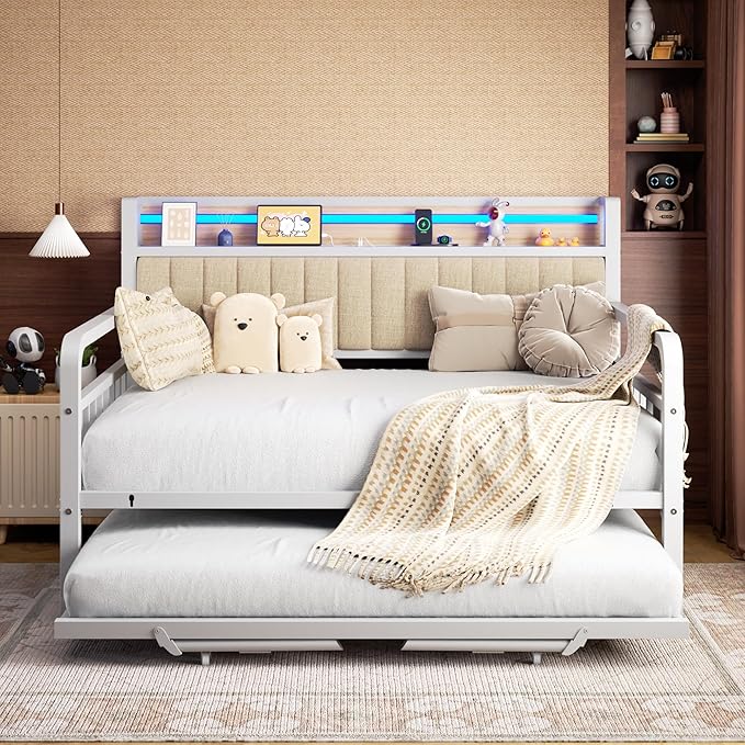 Daybed with Trundle and LED Light, Heavy Duty Metal Full Bed Frame with Upholstered Storage Headboard & Charging Station, Day Bed Pop Up Trundle Bed for Living Room,Bedroom and Guest Room, White