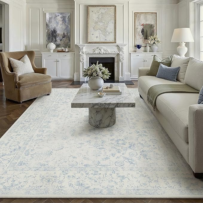 8x10 Blue Area Rug Non Slip Large Vintage Living Room Distressed Machine Washable Carpet Traditional Indoor Bedroom Blue Retro Floral Accent Throw Rug for Office Kitchen Dorm Dining Room