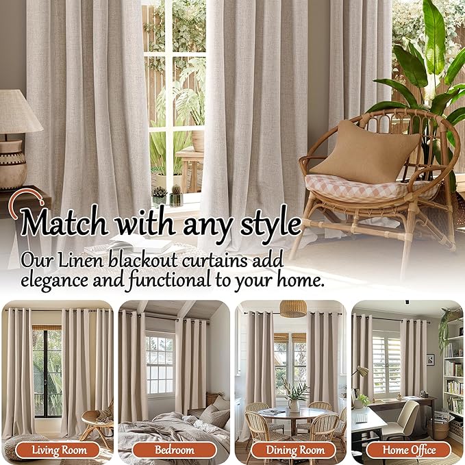 Beige 100% Blackout Curtains for Living Room 95 Inch Length 2 Panels Set, Thermal Insulated Light Blocking Faux Linen Curtains for Bedroom, Bronze Grommet Boho Window Drape Each 52" Wide