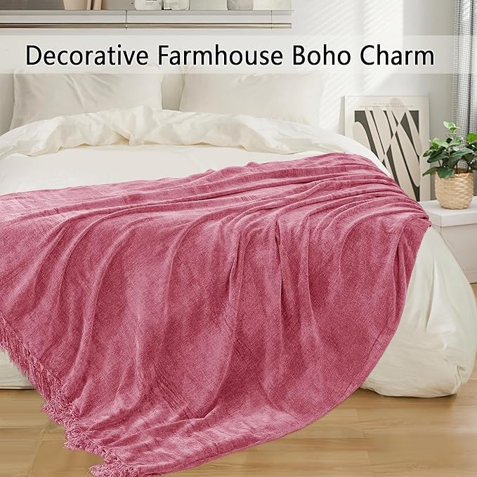 Chenille Throw Blanket for Couch 60"X 80" Twin, Soft Cozy Throws with Fringe Tassel for Bed Sofa Chair Cover, Lightweight Knitted Decorative Boho Blankets for Living Room, Rose Pink