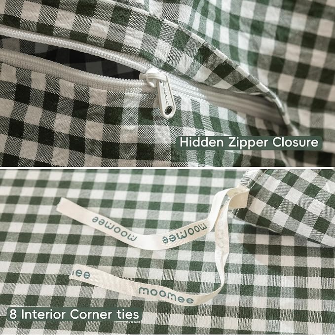MooMee Gingham Duvet Cover Set 100% Washed Cotton Linen Like Textured Breathable Durable Soft Comfy Modern Checkered Design (Mini Gingham Forest Green, Palatial King/Oversized King 120"x98")