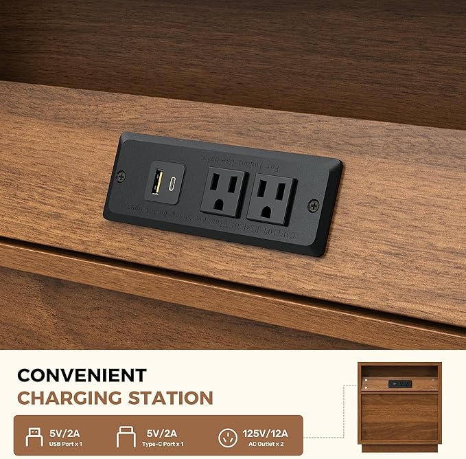 Miereirl Fluted Nightstand with Charging Station, Wood Mid Century Modern Night Stands Storage Cabinet for Bedside Table with Metal Handle Drawers, Walnut Oak