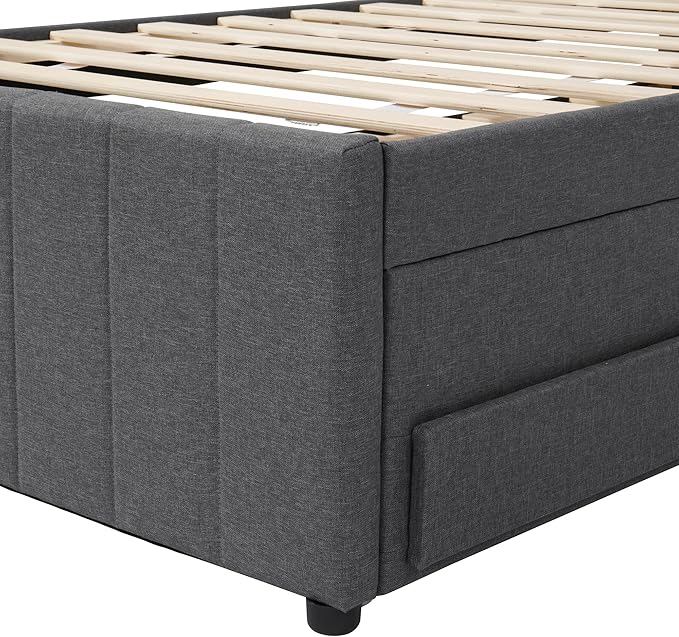Twin Size Bed Frame with Trundle Bed and Storage Drawers,Linen Upholstered Bed Frame,Twin Size Trundle Bed with Adjustable Headboard,Upholstered Platform Bed Twin for Kids Teens Adults,Gray