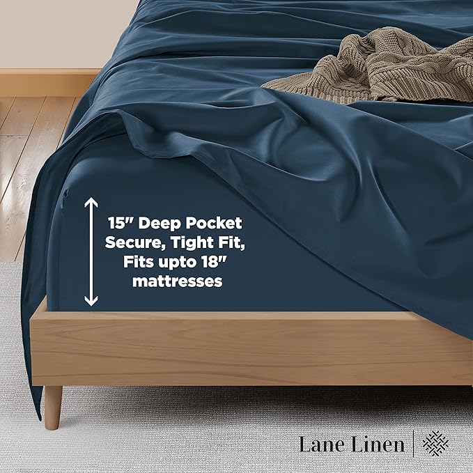 LANE LINEN King Bed Sheets – 600 Thread Count Long-Staple 100% Cotton King Size Bed Sheets, Hotel Luxury Soft Silky Sateen Weave, Durable for Daily Use, Fully Elasticized 15" Deep Pocket – Denim