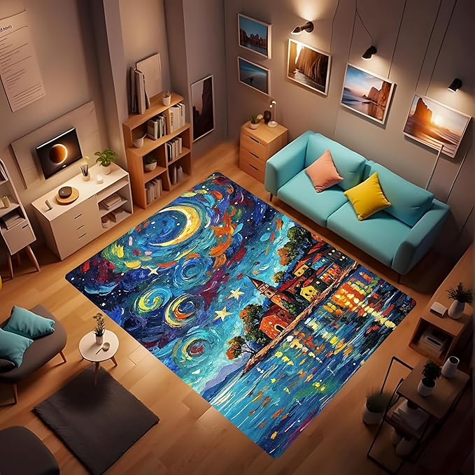 Machine Washable 2' x 3' Seaside Villages and Churches Area Rug, Bule Floor mat, Suitable for bedrooms, Girls' Room Bedside, Living Room, Dining Room, Office, Non-Slip Low-Pile Night Sky Carpet
