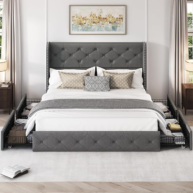LARMACE Full Size Bed Frame with 4 Storage Drawers and Wingback Headboard Linen Upholstered Platform Bed Frame Tufted Beds with Wooden Slats Support, Easy Assembly, Light Grey