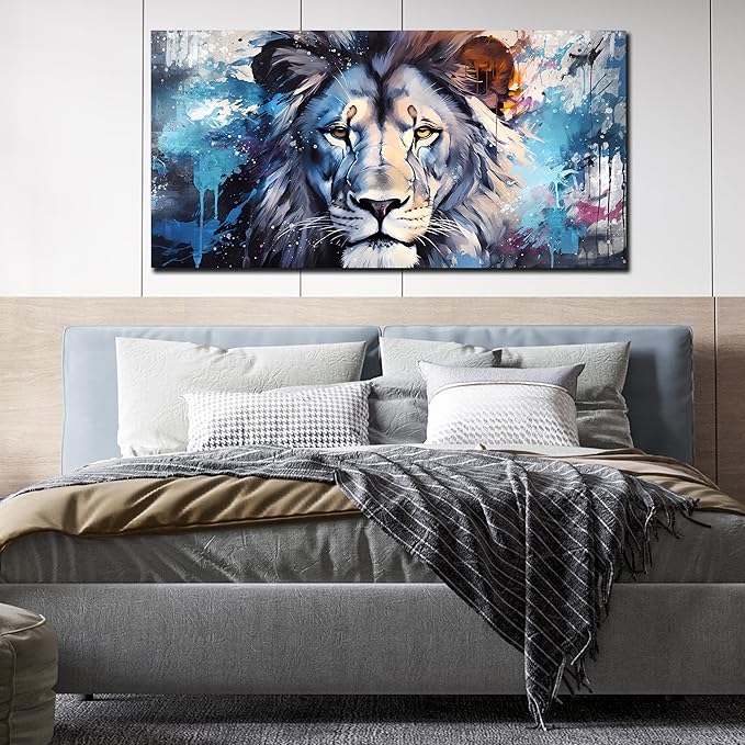 ENTANUB Large Wall Art for Living Room, Lion Canvas Print Painting for Bedroom, Blue Animal Picture Decor, Size 60x30 Inches