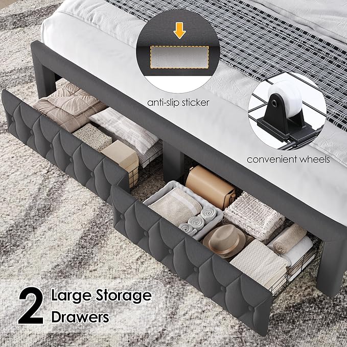 Keyluv Full Bed Frame with LED Lights and 2 Storage Drawers, Velvet Upholstered Platform with 47" Tall Arc-Shaped Wingback Headboard and Button Tufted Design, No Box Spring Needed, Noise-Free, Gray