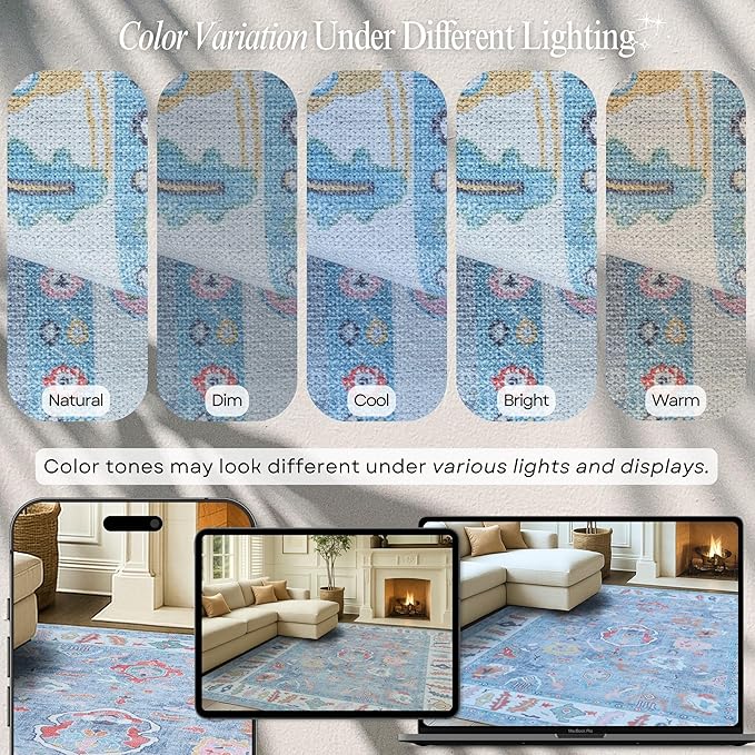 Fame Rugs Blue Modern Oushak Rug 9x12, Vintage Turkish Colorful Oriental Washable Antique Inspired Oversize Area Rugs, Luxury Living Room Bedroom (381LB, 9' x 12)