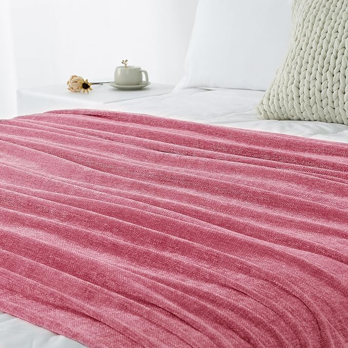 Chenille Throw Blanket for Couch 60"X 80" Twin, Soft Cozy Throws with Fringe Tassel for Bed Sofa Chair Cover, Lightweight Knitted Decorative Boho Blankets for Living Room, Rose Pink