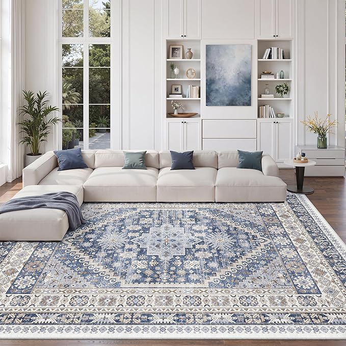 zesthome 10x12 Area Rugs,Stain Resistant Washable Rug,Ultra-Thin Rugs for Living Room,Bedroom,Non-Slip Backing Home Decor Large Area Rug (Blue/Beige,10'x12')