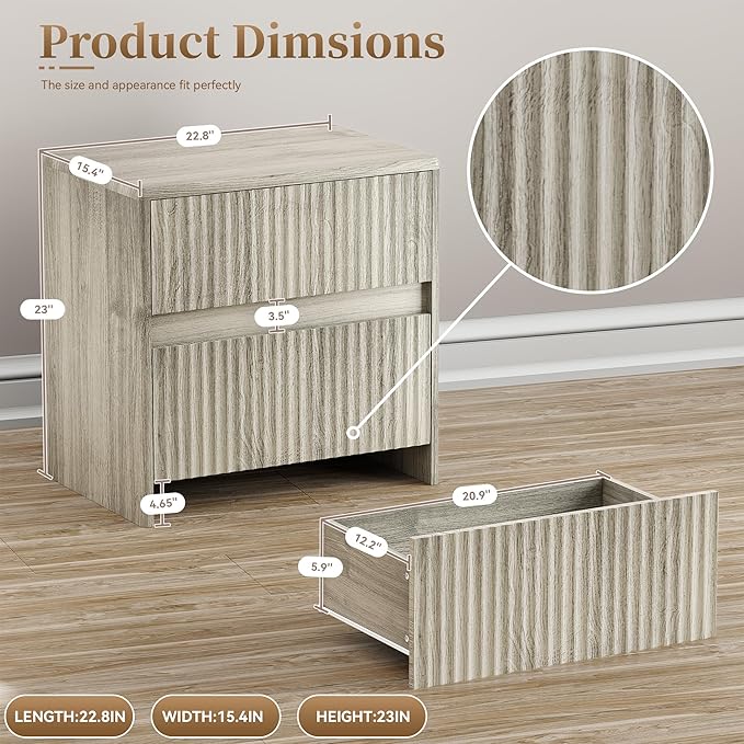 Fleuted Nightstand Set of 2, 23" Wood Bedside Table with 2 Storage Drawers, Modern Night Stand for Bedroom, Office, Grey