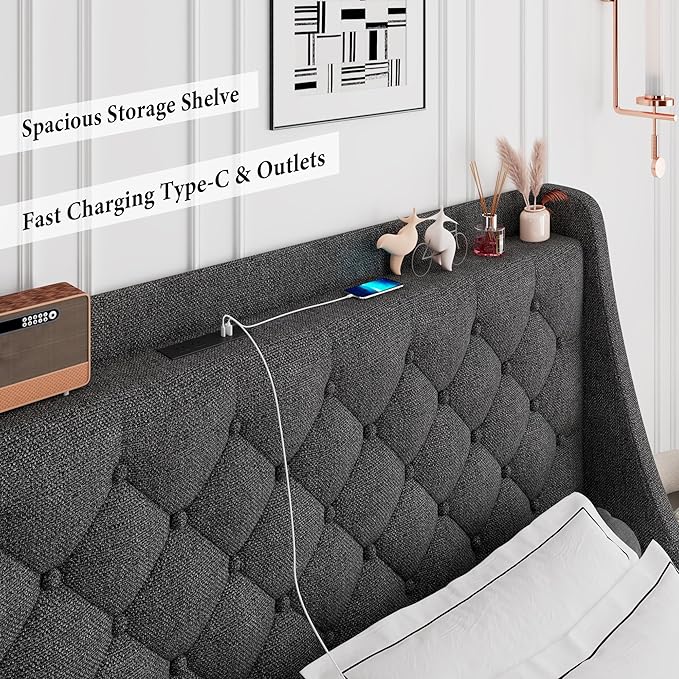 iPormis Full Size Bed Frame with 4 Storage Drawers, Upholstered Platform Bed Frame with Type-C & USB Ports, Wingback Storage Headboard, Solid Wood Slats, No Box Spring Needed, Dark Gray