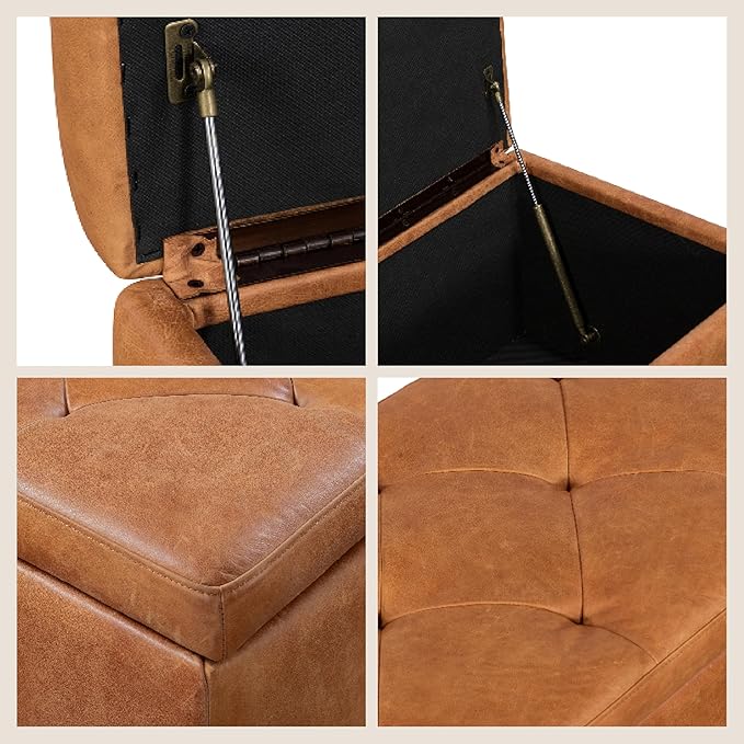 POLY & BARK Senja Storage Ottoman – 52" Large with Feather-Down Topper – Full-Grain Leather Upholstered Ottoman Box – Bench or Bedroom Storage – Vintage Italian Leather in Cognac Tan
