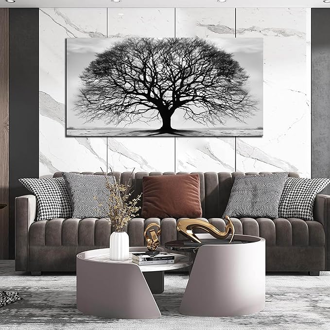 Prepeyssee Tree of Life Wall Art Large Artwork Black and White Wall Art Modern Landscape Nature Canvas Prints Decor for Living Room Bedroom Office Ready to Hang 24"x48"