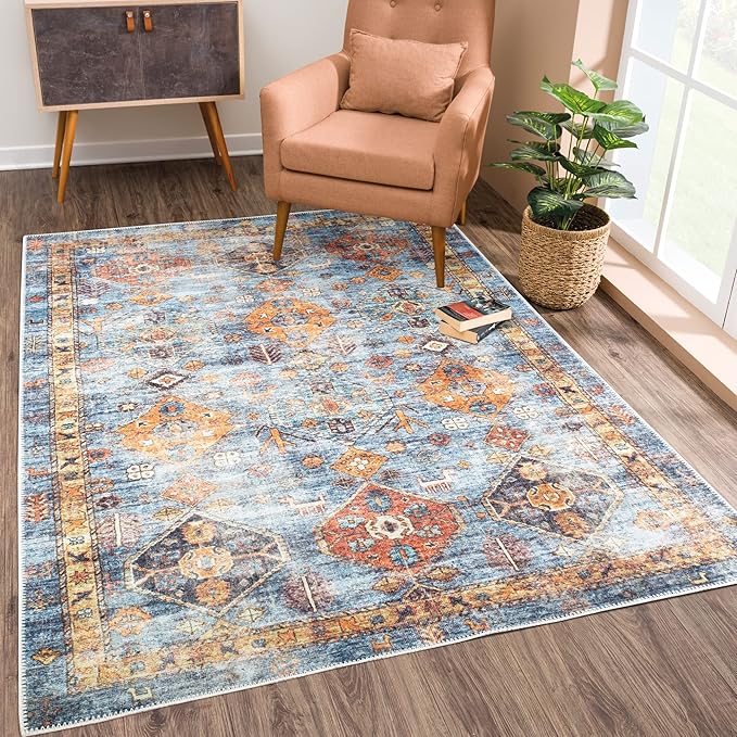 Bloom Rugs Washable Non-Slip 5' x 7' Rug - Blue/Orange Traditional Bordered Area Rug for Living Room, Bedroom, Dining Room, and Kitchen - Exact Size: 5' x 7'