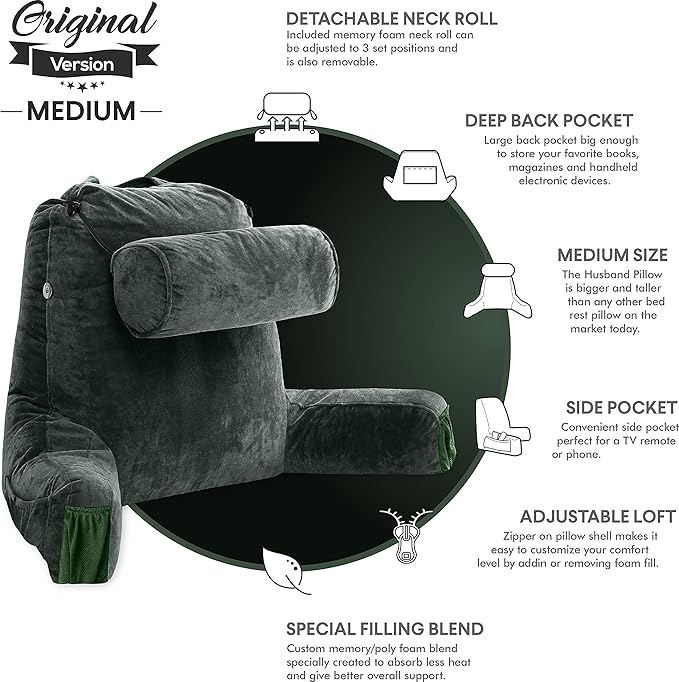 Husband Pillow Medium Dark Green, Backrest Kids, Teens, Petite Adults - Reading Pillows with Arms, Adjustable Loft, Plush Memory Foam, Bed Rest Chair Sitting Up, Detach Neck Roll, Removable Cover