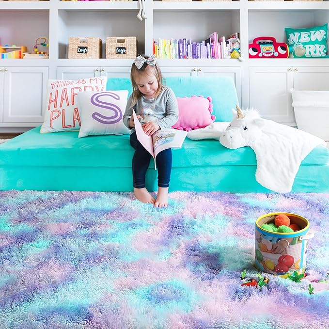 PAGISOFE Cute Furry Pastel Rug for Girls Bedroom, Soft Shag Rainbow Purple Tent Rugs for Livingroom, Kids Room, Playroom Nursery Home Decor, Plush Mermaid Kawaii Rug Fluffy Fuzzy Carpet 4x6 Area Rug