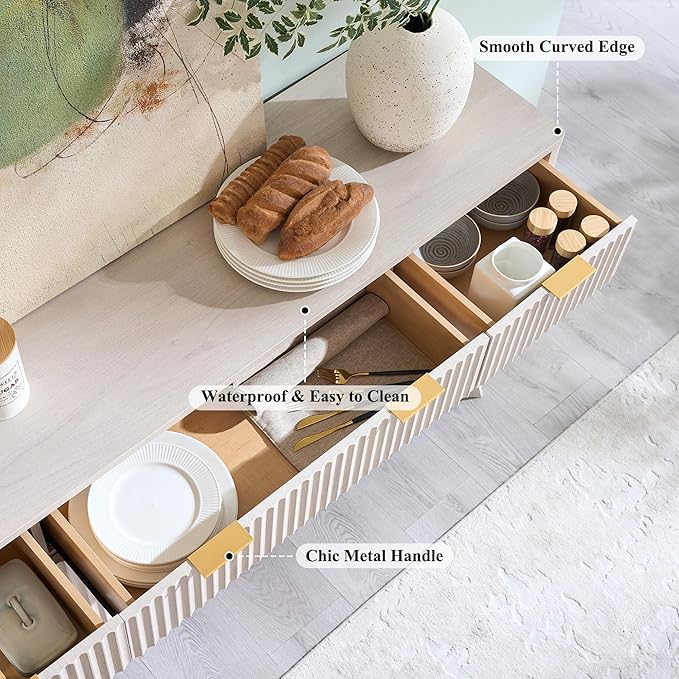 T4TREAM Large Buffet Sideboard Cabinet with Storages, 60" Fluted Modern Buffet Table Coffee Bar Wine Bar Storage Cabinet with 3 Drawers & 4 Doors for Dining Room, Living Room, Hallway(White Alder)