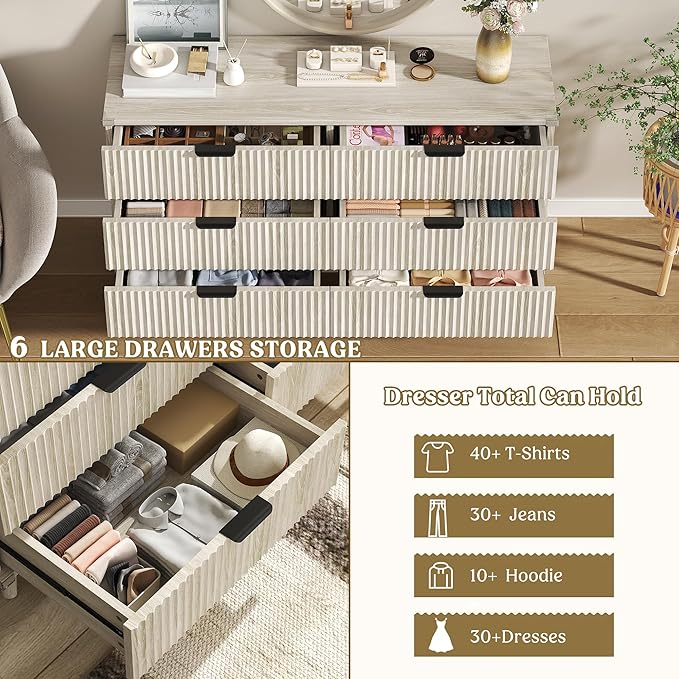 Lulive Wood Dresser for Bedroom with 6 Drawers, 53.2" Long Fluted Modern Chest of Drawers Storage Organizer, Dressers TV Stand for Living Room, Closet, Hallway (White Oak)