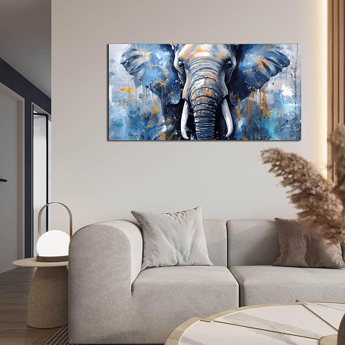 ENTANUB Elephant Wall Art for Lving room, Animal Canvas Wall Decor for Bedroom, Blue Picture Print Arwork, Size 20x40 Inches