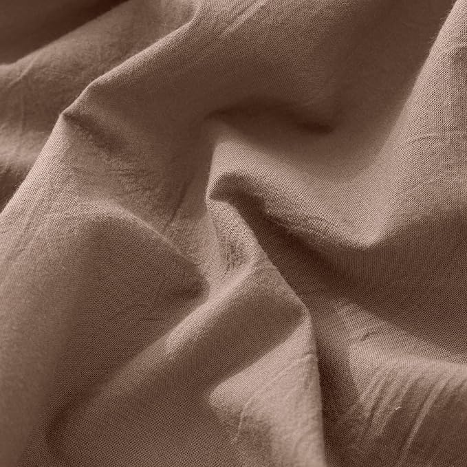 MooMee Fitted Bottom Sheet Only 100% Washed Cotton Linen Like Textured Breathable Durable Soft Comfy Deep Pocket Fits Mattress up to 17" (Brown, Queen)