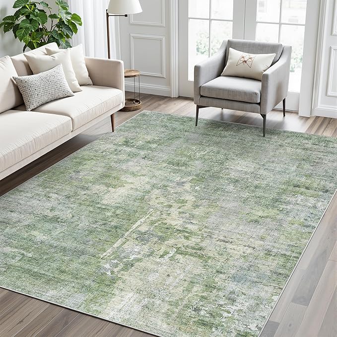 Area Rug 6x9 Abstract Rugs for Living Room 6 x 9 Washable Rugs Green Non Slip Low Pile Rugs for Bedroom Dining Room Foldable Thin
