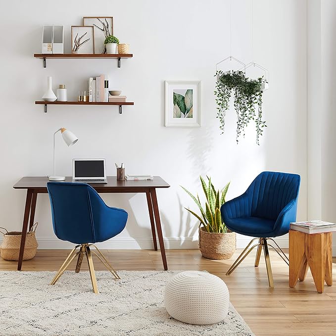 Zouron Mid Century Modern Swivel Accent Chair with Gold Metal Legs, Upholstered Swivel Chair No Wheels, Side Accent Arm Chair Vanity Chair for Small Space Home Office Living Room Bedroom, Dark Blue