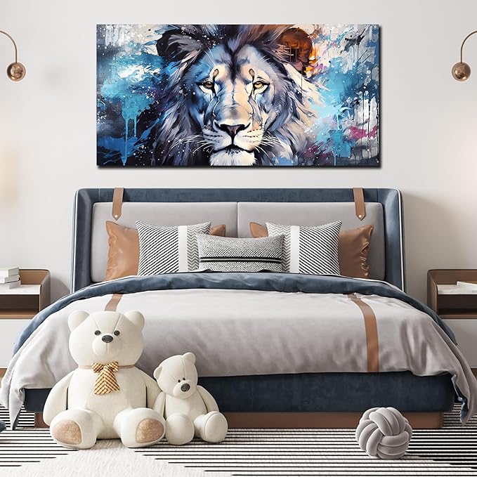 ENTANUB Large Wall Art for Living Room, Lion Canvas Print Painting for Bedroom, Blue Animal Picture Decor, Size 60x30 Inches