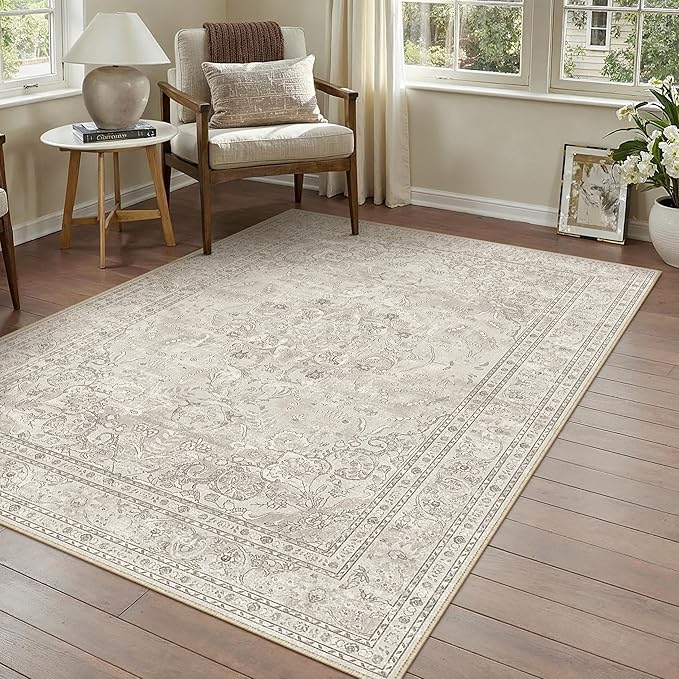 Beige 4x6 Area Rug Washable Vintage Carpet for Office Living Room Soft Retro Floral Low Pile Thin Indoor Rug Non Slip Central Medallion Floor Cover for Bedroom Kitchen Dining Room