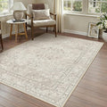 Beige 3x5 Area Rug Washable Vintage Carpet for Entryway Office Soft Retro Floral Kitchen Low Pile Thin Door Mat Non Slip Central Medallion Throw Rug for Bathroom Bedroom Dining Living Room