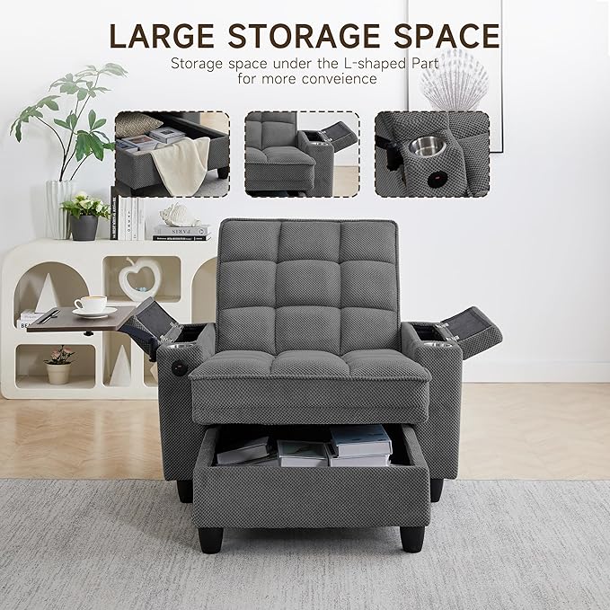 41.7" Chaise Lounge Chair Indoor, Oversized Boucle Upholstered Sofa Bed, Adjustable Backrest Deep Seat Reading Chair, Sofas Couches for Living Room with Storage, Cup Holders & 360° Swivel Side Table
