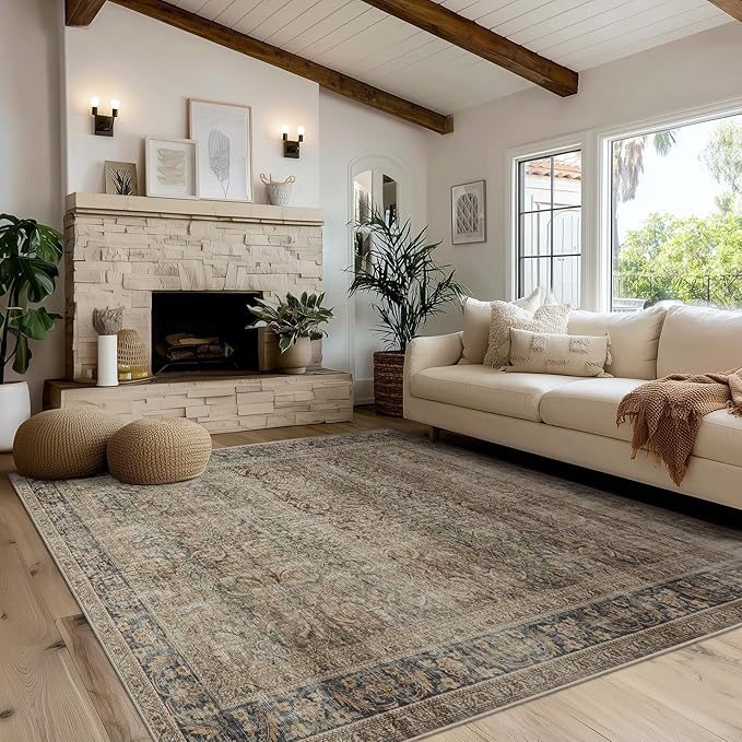 Fmfunctex 5x7 Washable Area Rug Neutral Vintage Brown Distressed Non Slip Low Pile Retro Indoor Carpet for Living Room Bedroom Soft Mat Throw Rug for Dining Office Kitchen Dorm Nursery Entryway, Multi