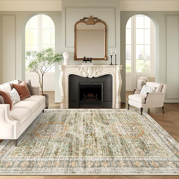 6x9 Area Rug for Living Room Washable 6x9 Non-Slip Modern Rugs for Bedroom Dinning Room Ultra-Thin Indoor Green Orange