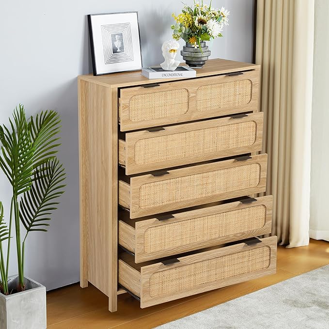 LEVNARY 5 Drawer Chest Dresser, Rattan Tall Dresser 5 Chest of Drawers Dressers for Bedroom, Wooden Storage Cane Cabinet with Metal Handles for Living Room Hallway (Natural)