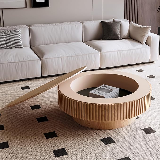 LKTART Round Coffee Table for Living Room, Accent Fluted Drum Coffee Table with Storage, Modern Solid Wood Veneered Circle Center Tea Table for Small Space Apartment (39.4''D×14''H-Natural)