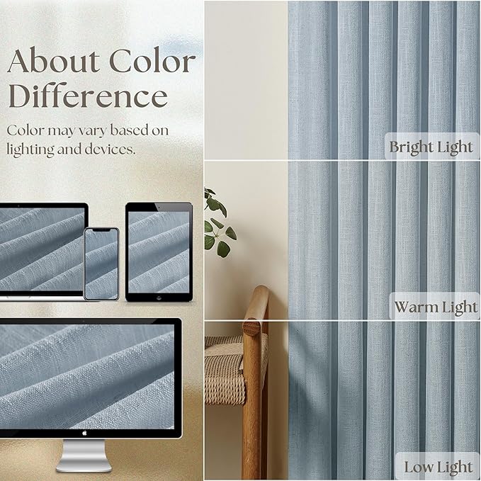 Extra Long Dusty Blue Linen Curtains 120 Inches Long Sky Blue Coastal Boho Farmhouse Curtain Light Filtering Semi Sheer Back Tab Pinch Pleat Curtain for Tall Ceiling Living Room Bedroom 2 Panels