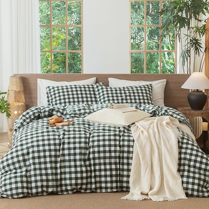MooMee Gingham Duvet Cover Set 100% Washed Cotton Linen Like Textured Breathable Durable Soft Comfy Modern Checkered Design (Buffalo Plaid Forest Green, Cal King 104"x98")