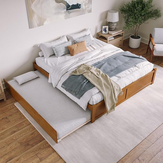 AFI Concord King Solid Wood Platform Bed with Footboard & Twin XL Trundle in Light Toffee