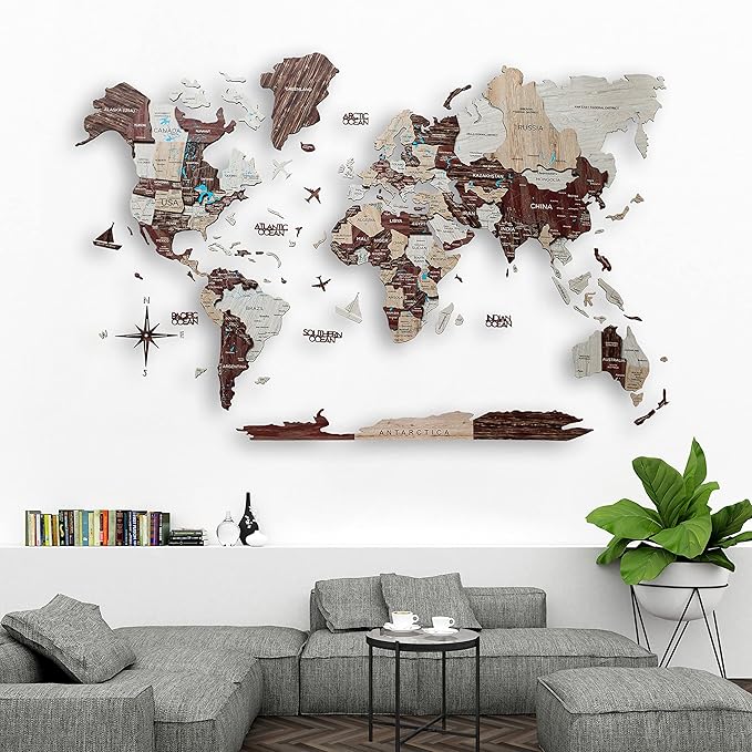 Handmade 3D Wood World Map Wall Art Large Wall Decor Track Your World Travels - Special for Home, Kitchen and Office (Medium, Cappuccino)